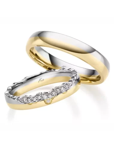 Dviėju aukso spalvų vokiškas vestuvinis žiedas su deimantais - Kalnai