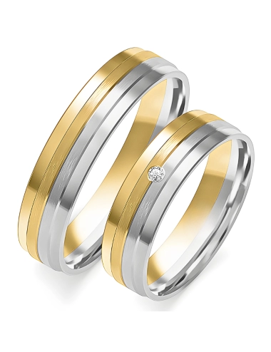 Vestuvinių žiedų gamyba - 5 mm balto ir geltono aukso moderniu blizgiu su deimantu