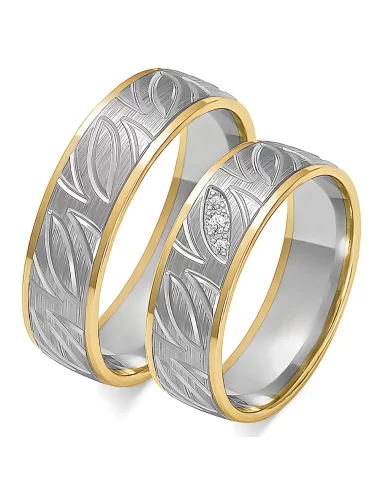 Balto ir geltono aukso vestuvinių žiedų gamyba - 6 mm modernus dizainas su raštu ir deimantais