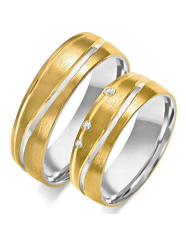 Vestuvinių žiedų gamyba - geltono ir balto aukso modernus dizainas su trimis deimantais