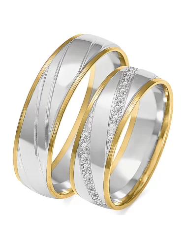 Balto ir geltono aukso vestuvinių žiedų gamyba - 6 mm su matinė faktūra ir deimantu