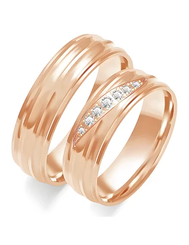 Geltono ir balto aukso vestuvinių žiedų gamyba - 6 mm su bangų reljefu ir deimantais