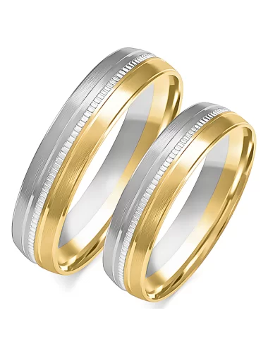 Balto ir geltono aukso vestuvinių žiedų gamyba - 5.0 mm modernus su stačiakampio formos simboliais