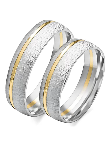 vestuvinių žiedų su tekstūrinė matinė gilia faktūra ir deimantais iš balto aukso su geltono aukso linija - gamyba