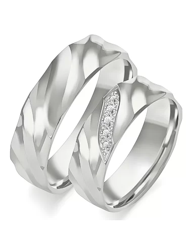 Balto aukso vestuvinių žiedų gamyba - 6 mm su kopų reljefu ir deimantais