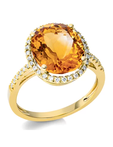Citrinas - geltono aukso klasikinis žiedas su citrinu ir deimantais