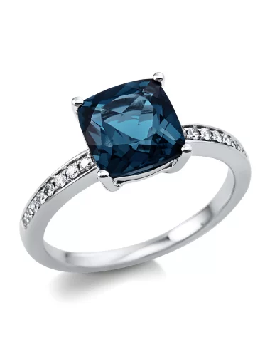London Blue Topazas - klasikinis balto aukso žiedas su topazu ir deimantais