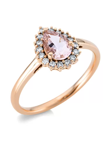 Rožinis Morganitas - žiedas su morganitu lašo formos ir deimantais