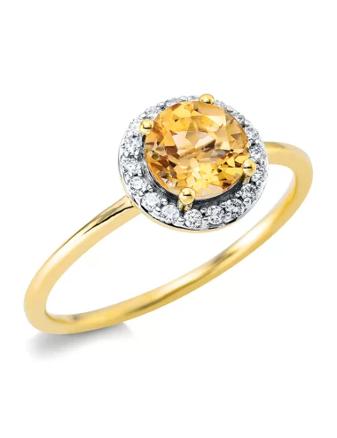 Citrinas - klasikinis auksinis žiedas su citrinu ir deimantais