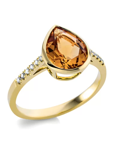 Citrinas lašas - auksinis žiedas su citrinu ir deimantais