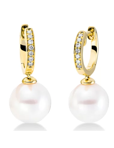 Perlai - geltono aukso auskarai su perlais ir deimantais (0.09 ct, 9.5 mm)
