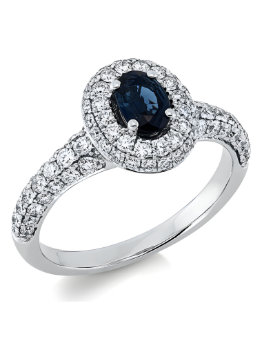 Mėlynas safyras - žiedas su deimantais ir ovalios formos safyru (1.31 ct)
