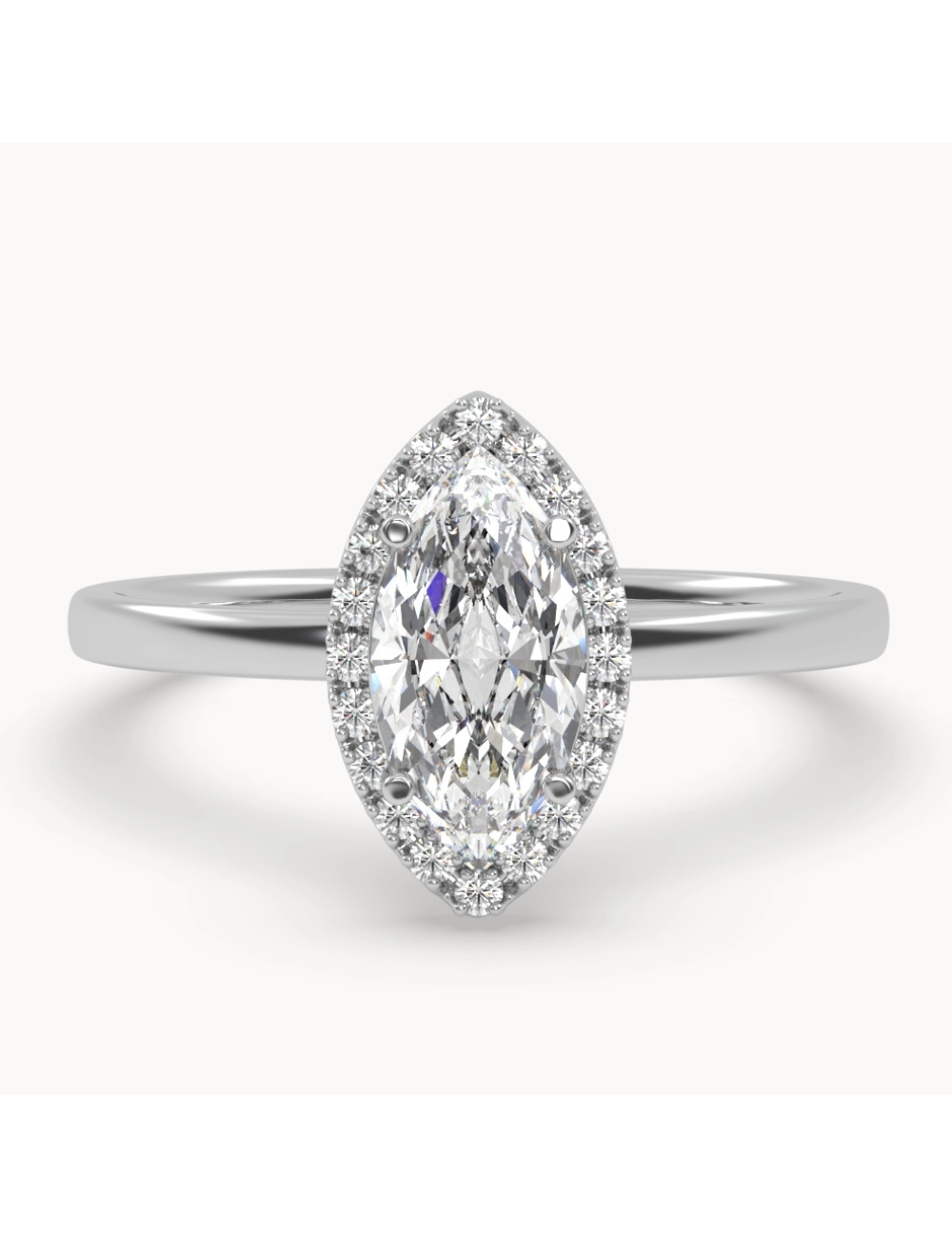 balto aukso žiedas su Markizės formos deimantu ir smulkiais deimantais