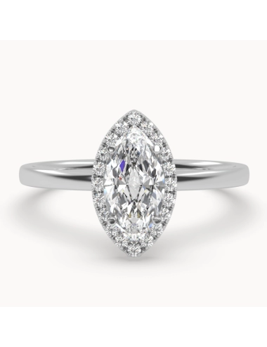 balto aukso žiedas su Markizės formos deimantu ir smulkiais deimantais