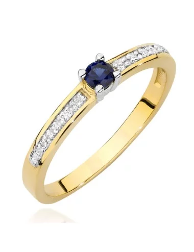 Mėlynas brangakmenis - geltono aukso žiedas su safyru ir deimantais
