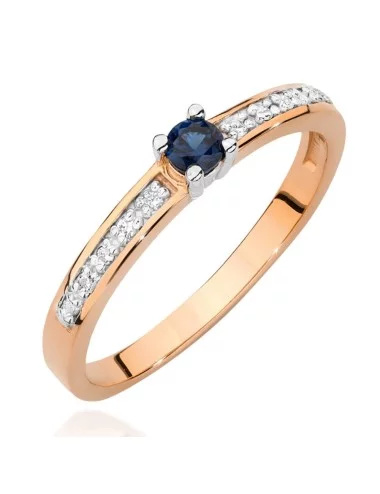 Mėlynas brangakmenis - raudono aukso žiedas su safyru ir deimantais