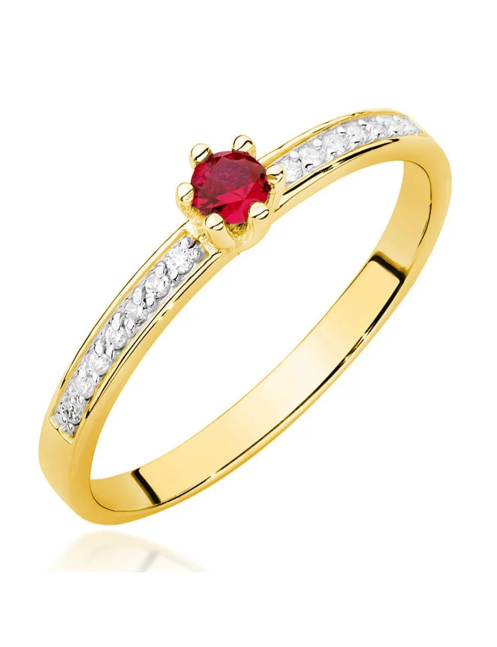 Raudonas brangakmenis - geltono aukso žiedas su rubinu ir deimantais
