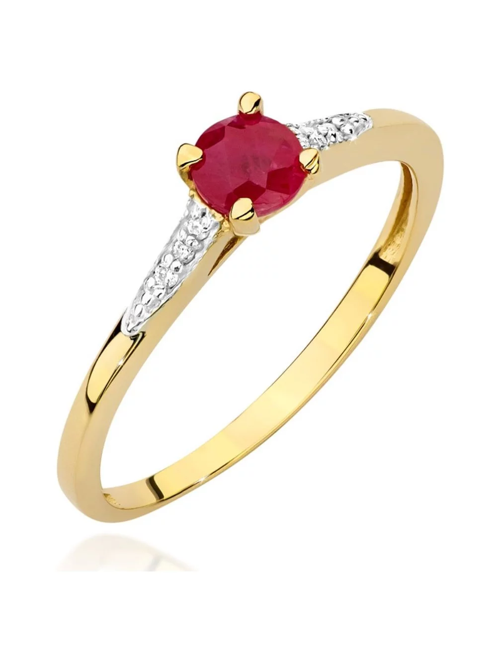 Rubino ryškumas - geltono aukso žiedas su rubinu ir deimantais