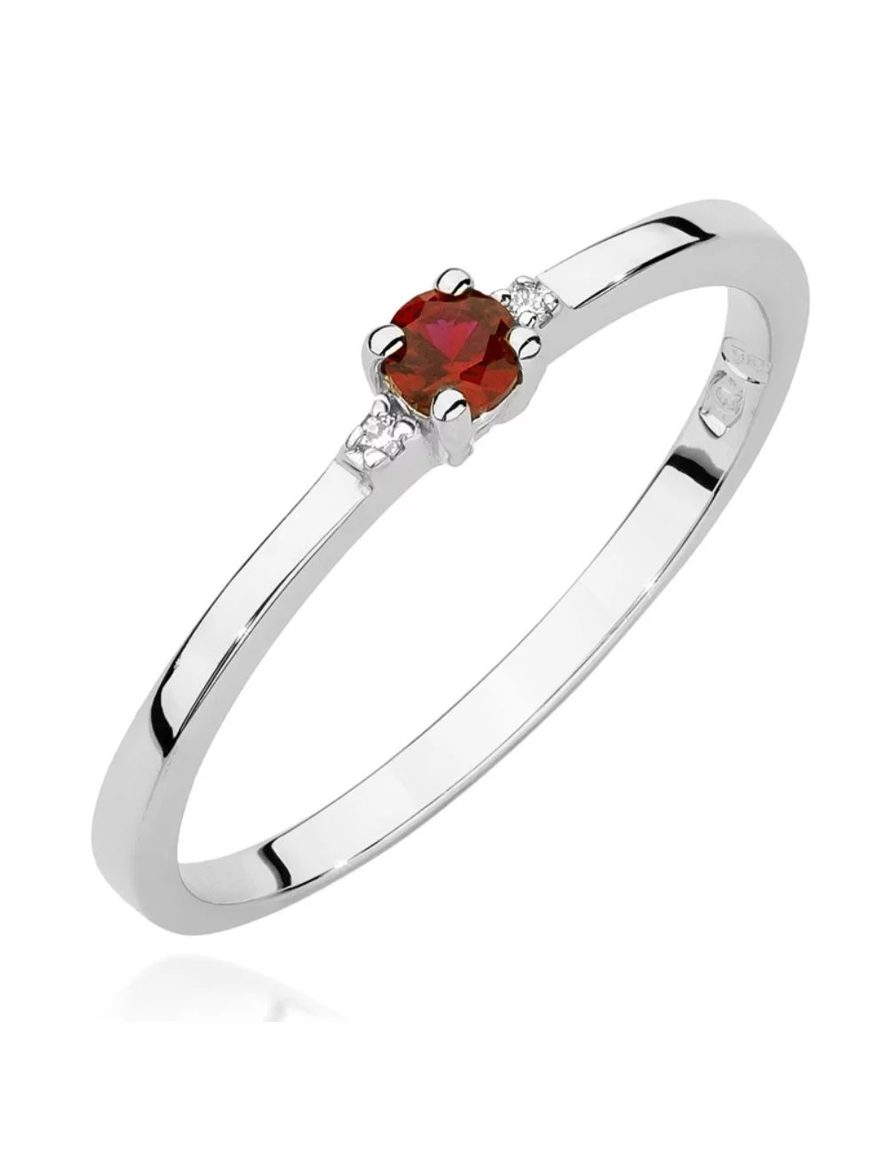 Rubino šiluma - minimalistinis balto aukso žiedas su rubinu ir deimantais