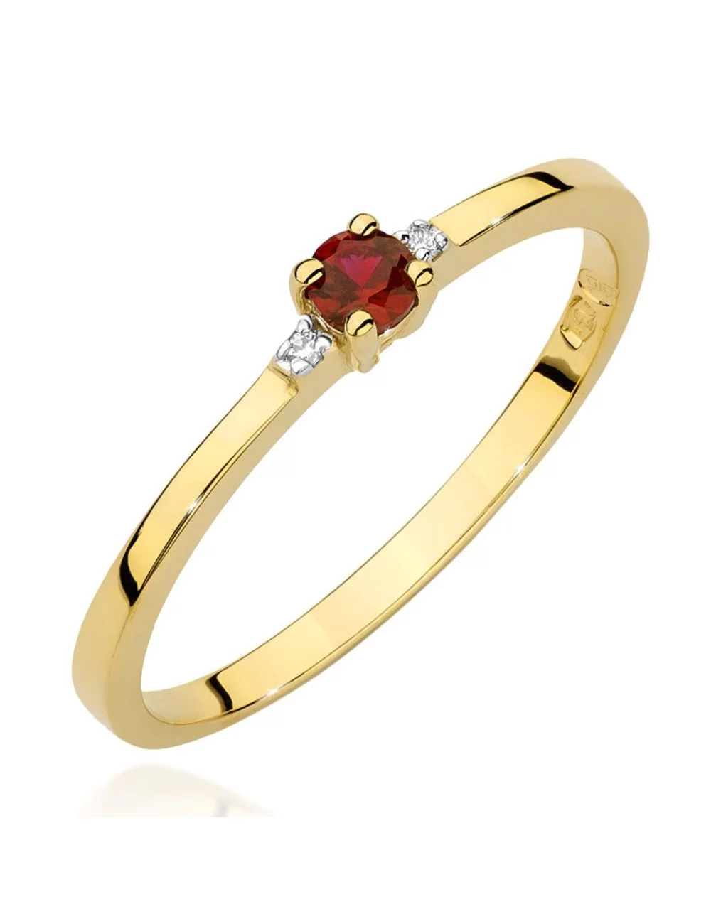 Rubinas - minimalistinis geltono aukso žiedas su rubinu ir deimantais