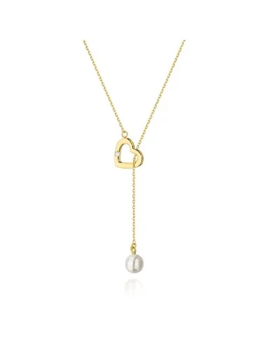 Elegantiškas širdutės perlas - geltono aukso grandinėlė su perlu ir pakabukas su deimantu