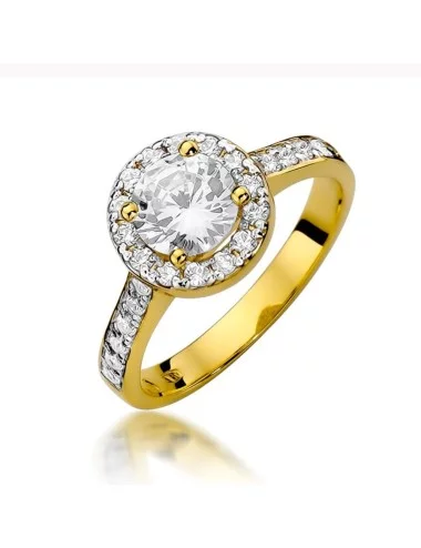 Švytinti prabanga - halo dizaino geltono aukso žiedas su deimantais
