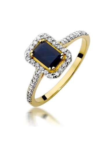 Elegantiskas safyras - geltono aukso žiedas su Emerald formos safyru ir deimantais