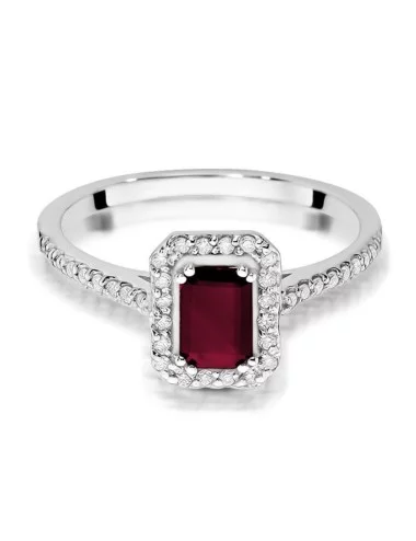 Elegantiskas rubinas - balto aukso žiedas su Emerald formos rubinas ir deimantais