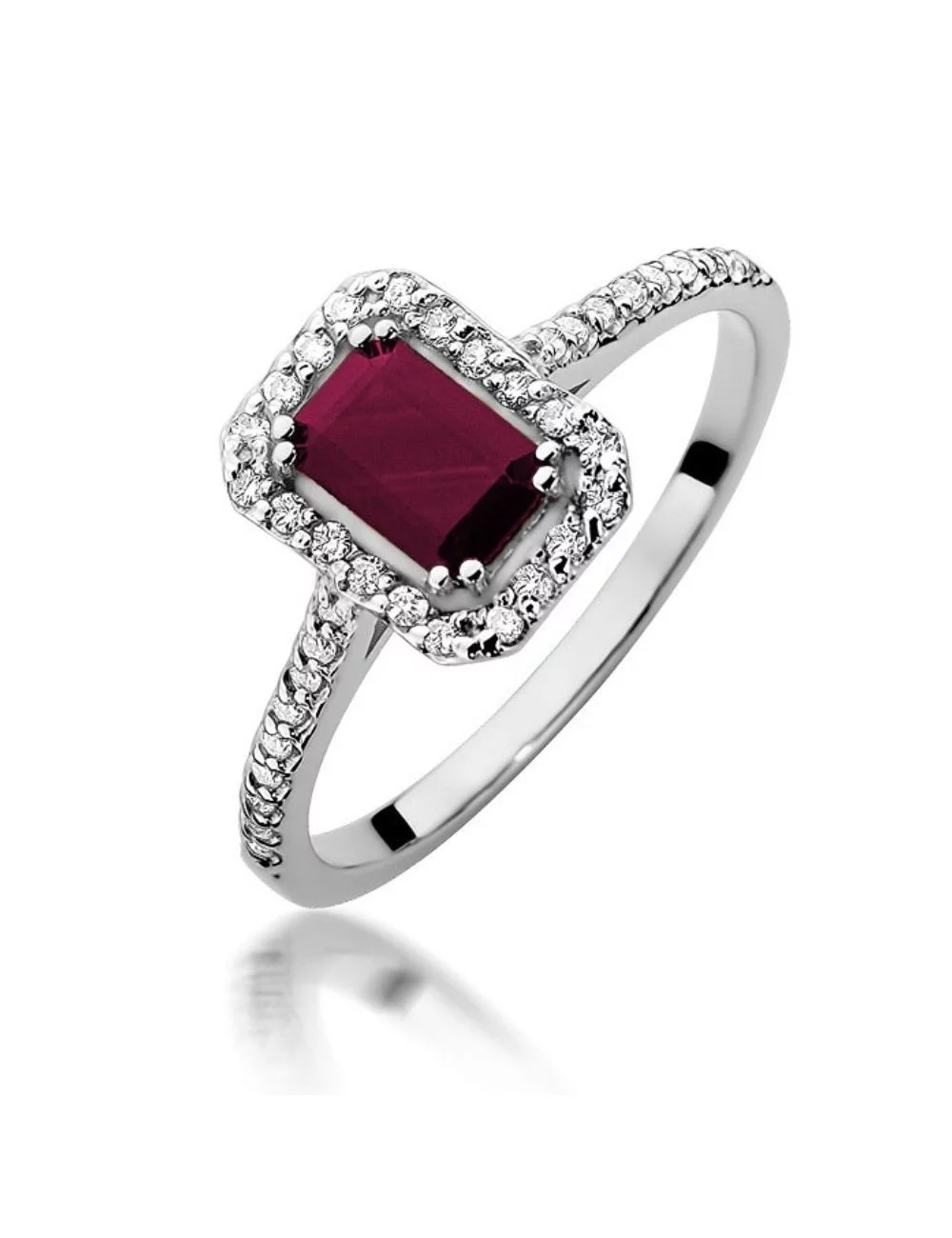 Elegantiskas rubinas - balto aukso žiedas su Emerald formos rubinas ir deimantais