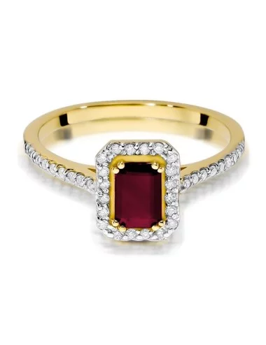 Elegantiskas rubinas - geltono aukso žiedas su Emerald formos rubinas ir deimantais
