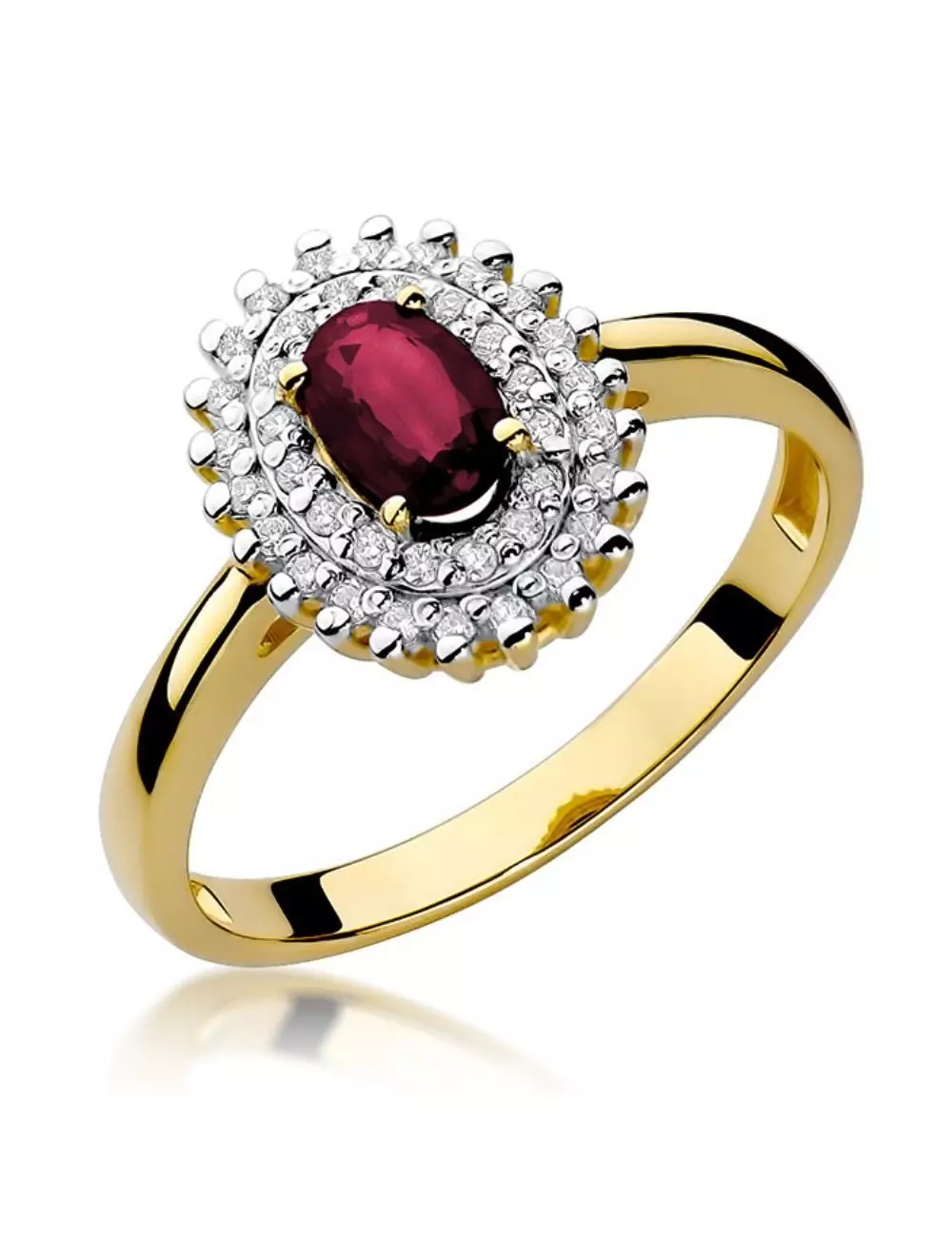 Artumo dvelksmas - geltono aukso žiedas su Ovalo formos rubinas ir deimantais