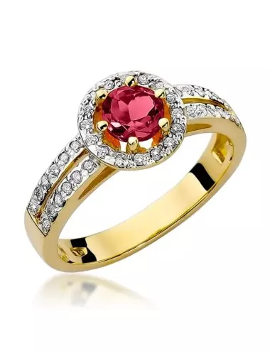 Rubino prabanga - geltono aukso žiedas su rubinu ir deimantais