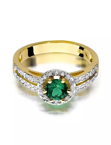 Smaragdo prabanga - geltono aukso žiedas su smaragdu ir deimantais
