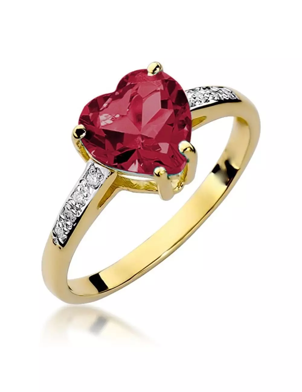Rubininė širdelė - aukso žiedas su širdelės formos rubinu ir deimantais