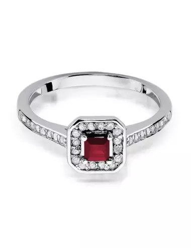 Rubino draugystė - modernaus halo dizaino žiedas su rubinu deimantais