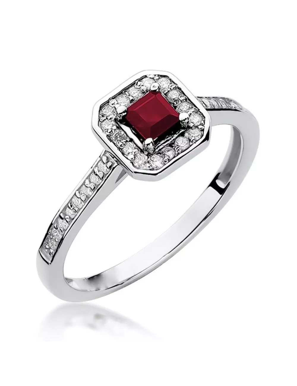 Rubino draugystė - modernaus halo dizaino žiedas su rubinu deimantais