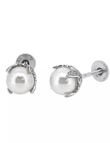 Balto aukso auskarai su jūriniais perlais ir deimantais (Akoya, 10 mm)