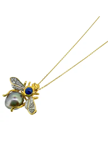 Jūros perlo bitė - auksinė grandinėlė ir pakabukas su jūriniu perlu, deimantais ir safyru_1