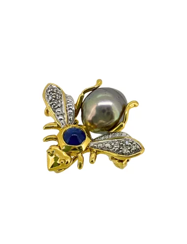 Jūros perlo bitė - auksinė grandinėlė ir pakabukas su jūriniu perlu, deimantais ir safyru_2