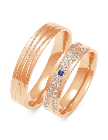 Dviejų aukso spalvų vestuviniai žiedai su deimantais ir safyru