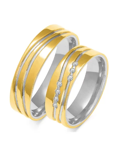 Dviejų aukso spalvų vestuviniai žiedai su upės raštu