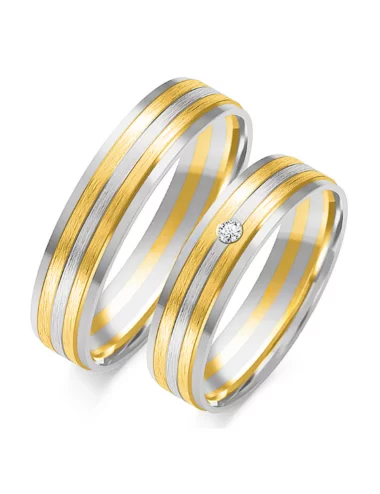 Dviejų spalvų vestuviniai žiedai su penkiomis sujungtomis linijomis