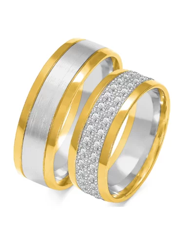 Platūs vestuviniai žiedai su deimantais dviejų aukso spalvų