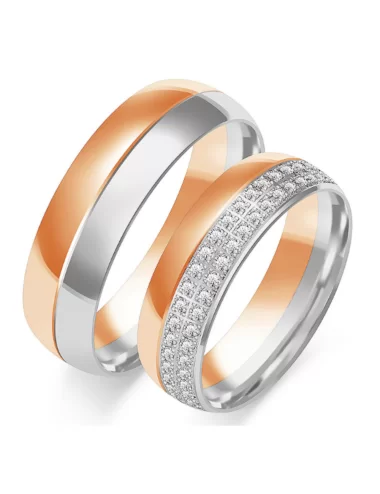 Dviejų aukso spalvų klasikiniai vestuviniai žiedai su deimantais