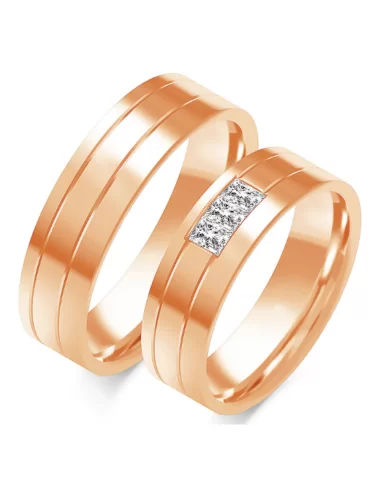 Dviejų aukso spalvų vestuviniai žiedai su stačiakampiais deimantais