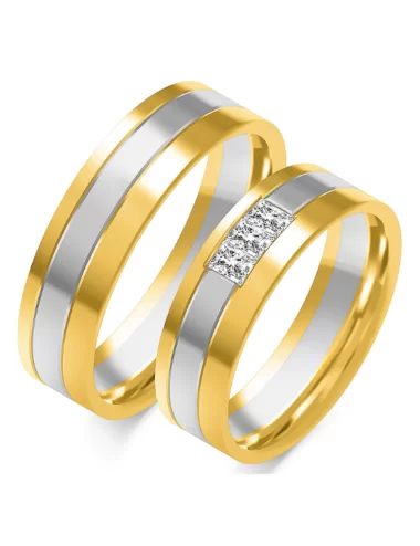 Dviejų aukso spalvų vestuviniai žiedai su stačiakampiais deimantais