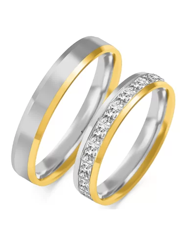 Vestuviniai žiedai su stačiakiampio formos deimantais ratu dviejų aukso spalvų
