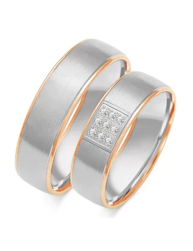 Šilkinės matinės faktūros auksiniai vestuviniai žiedai su devyniais deimantais