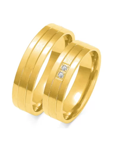 Šilkinės matinės ir blizgios faktūros auksiniai vestuviniai žiedai su dviem deimantais