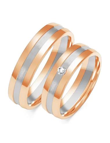 Šilkinės matinės ir blizgios faktūros auksiniai vestuviniai žiedai su deimantu